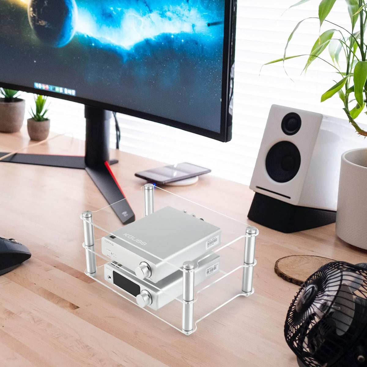 KGUSS Mini Audio Component Rack Acrylic 2-Layer Aluminium Holders Small Deskt...