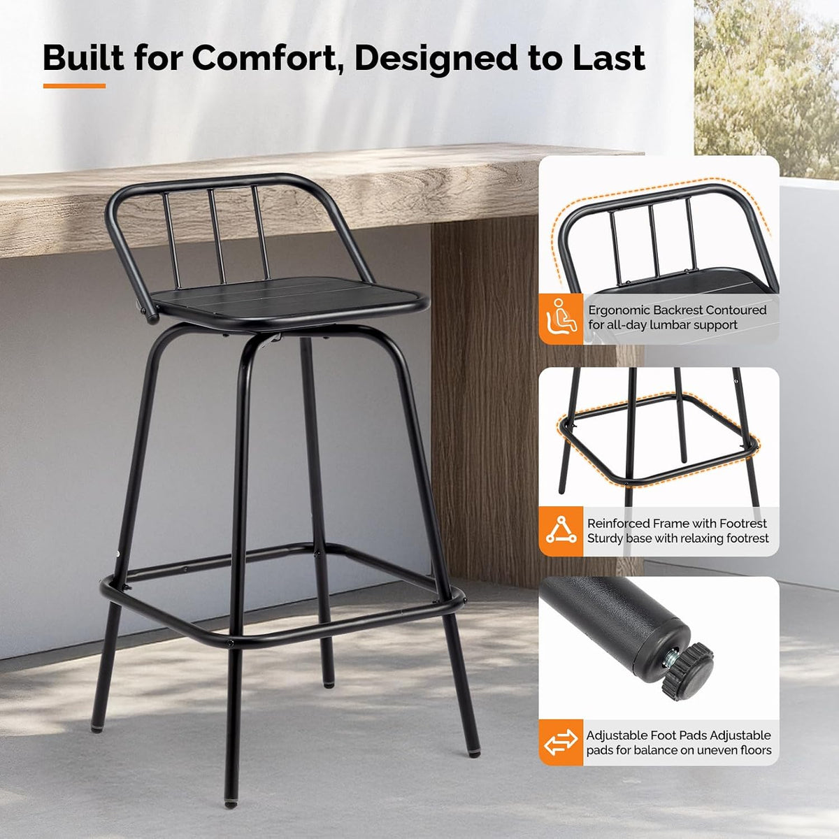 VINGLI 2 PCS Outdoor Swivel Bar Stools, 30 Inch Metal Barstools with Backrest...