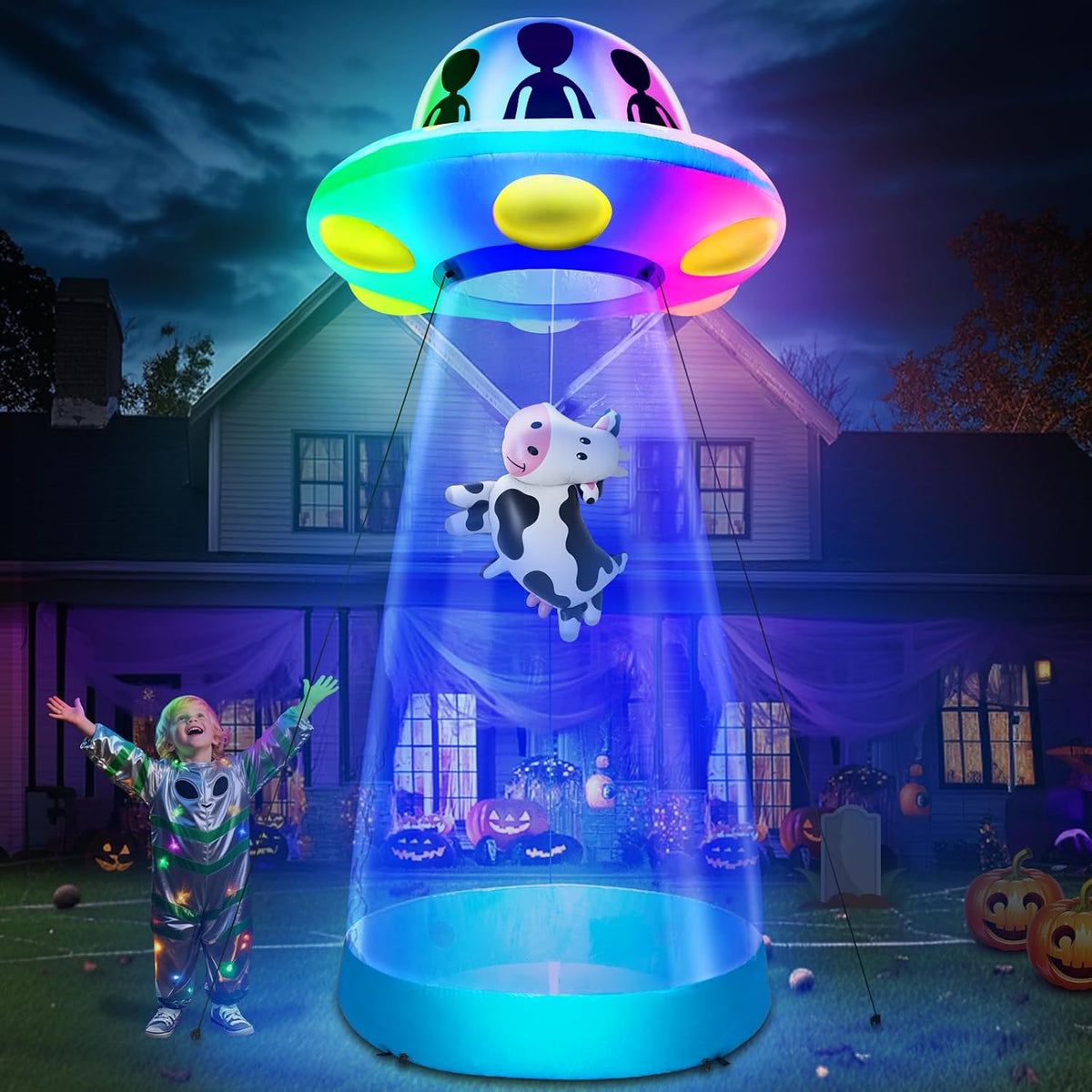 10 Ft Tall Halloween Inflatable UFO with Floating Cow Decorations Outdoor