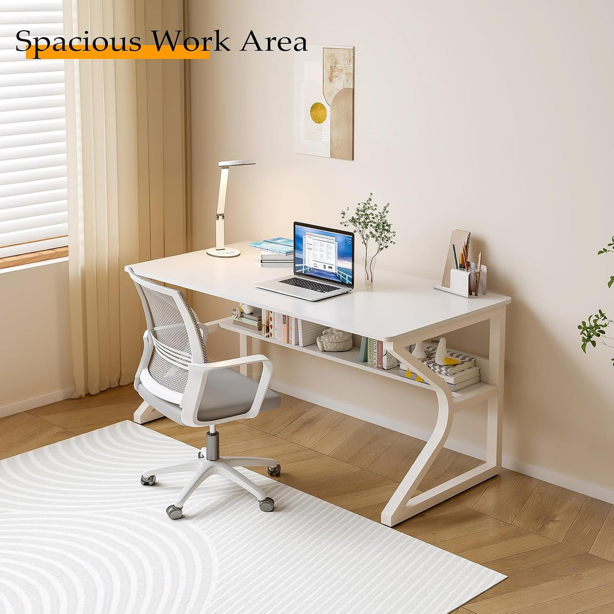 OSCHF 47.3-Inch Writing Desk with Storage Shelf, Warm White