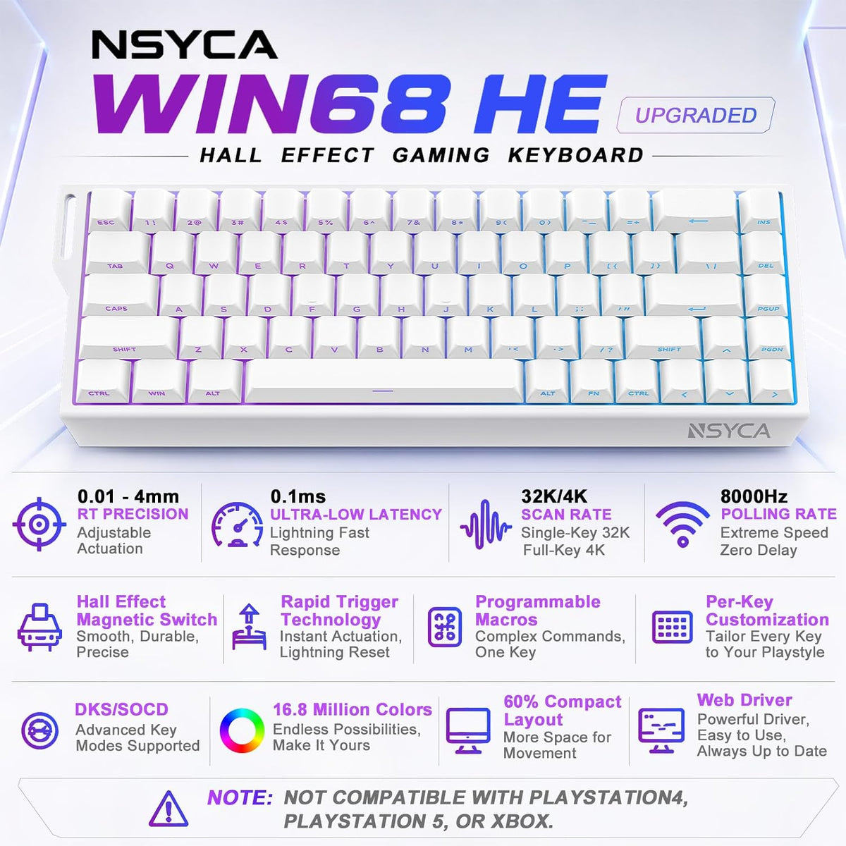 WIN68 HE Hall Effect Keyboard, Rapid Trigger Magnetic Gaming Keyboard, 8000Hz...