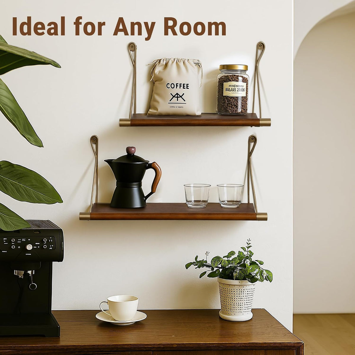 Afuly Walnut Floating Shelves for Wall Mid Century Modern Decor Brass Shelf