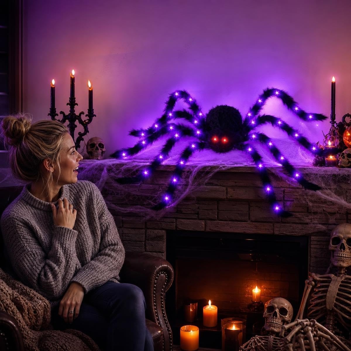 2 Pack 50 Inch Giant Light Up Halloween Spider Decoration Outdoor Indoor,Glow...