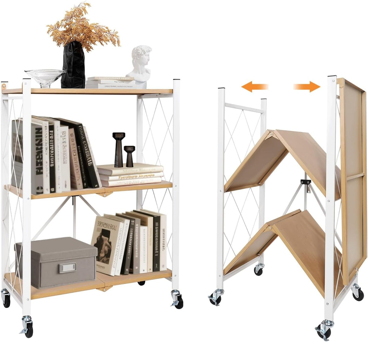 3 Tier Folding Shelf with Wheels, Metal Steel Collapsible Shelves