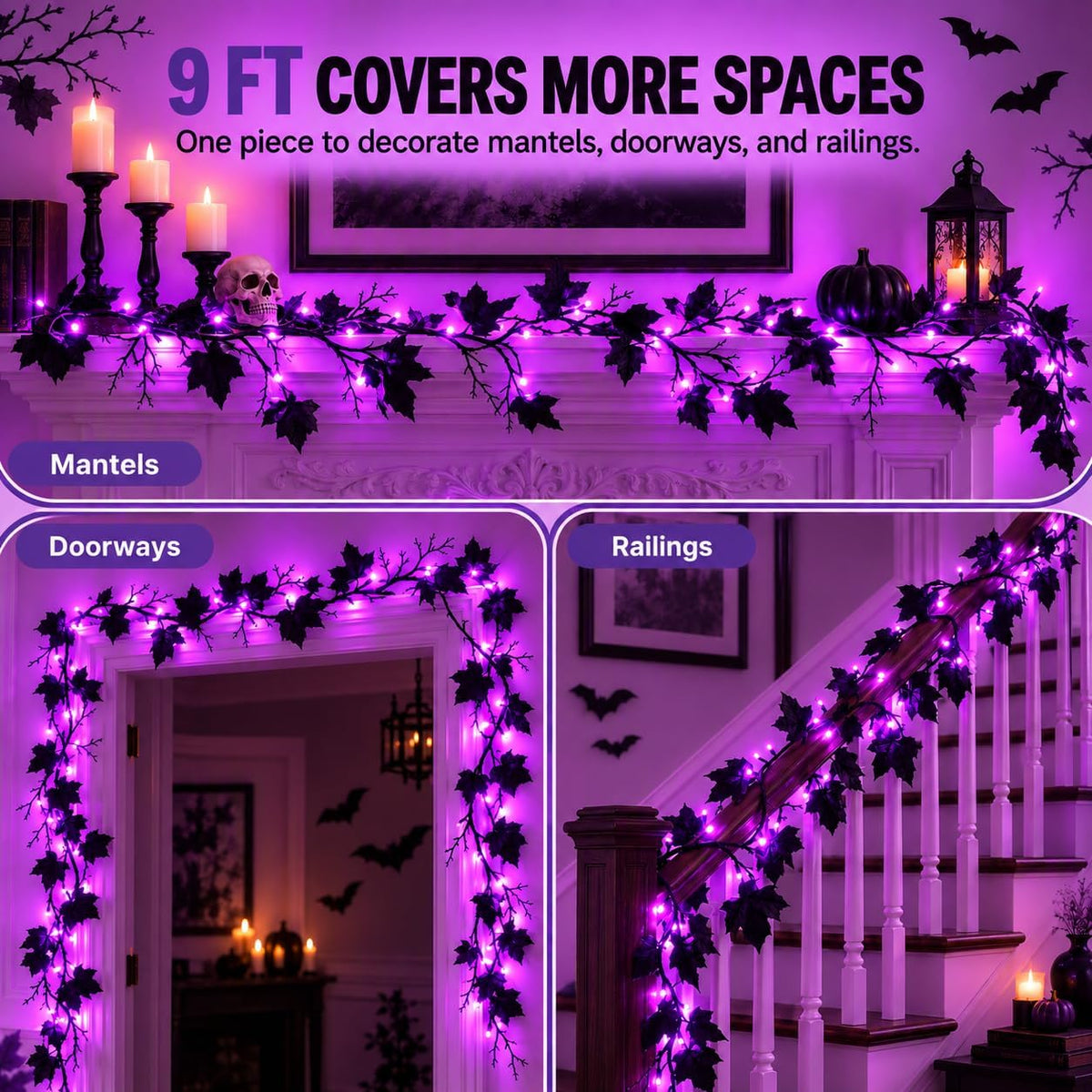 Halloween Garland with Purple Lights, 9 FT Black Maple Leaves, 72 LEDs