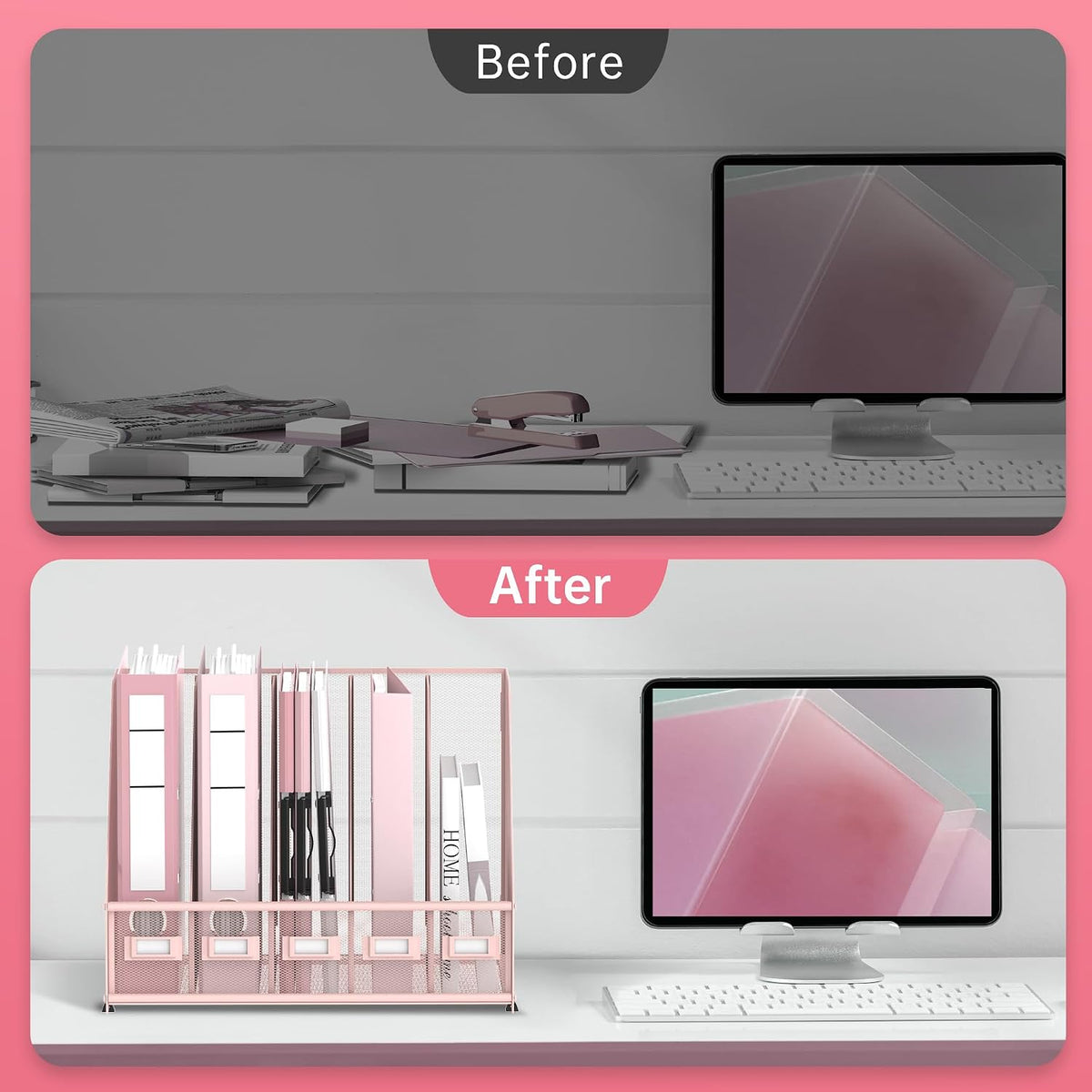 5 Vertical Compartments Magazine File Holder, Metal Binder Organizer, Pink