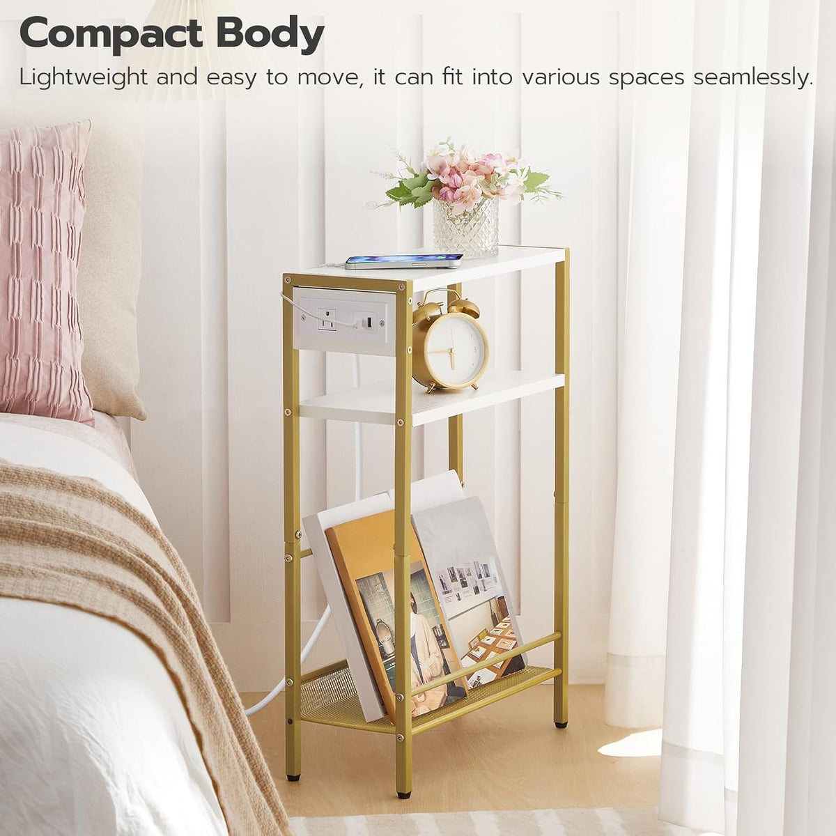 HOOBRO Small Narrow Side Table with Charging Station, Skinny End Table for Sm...