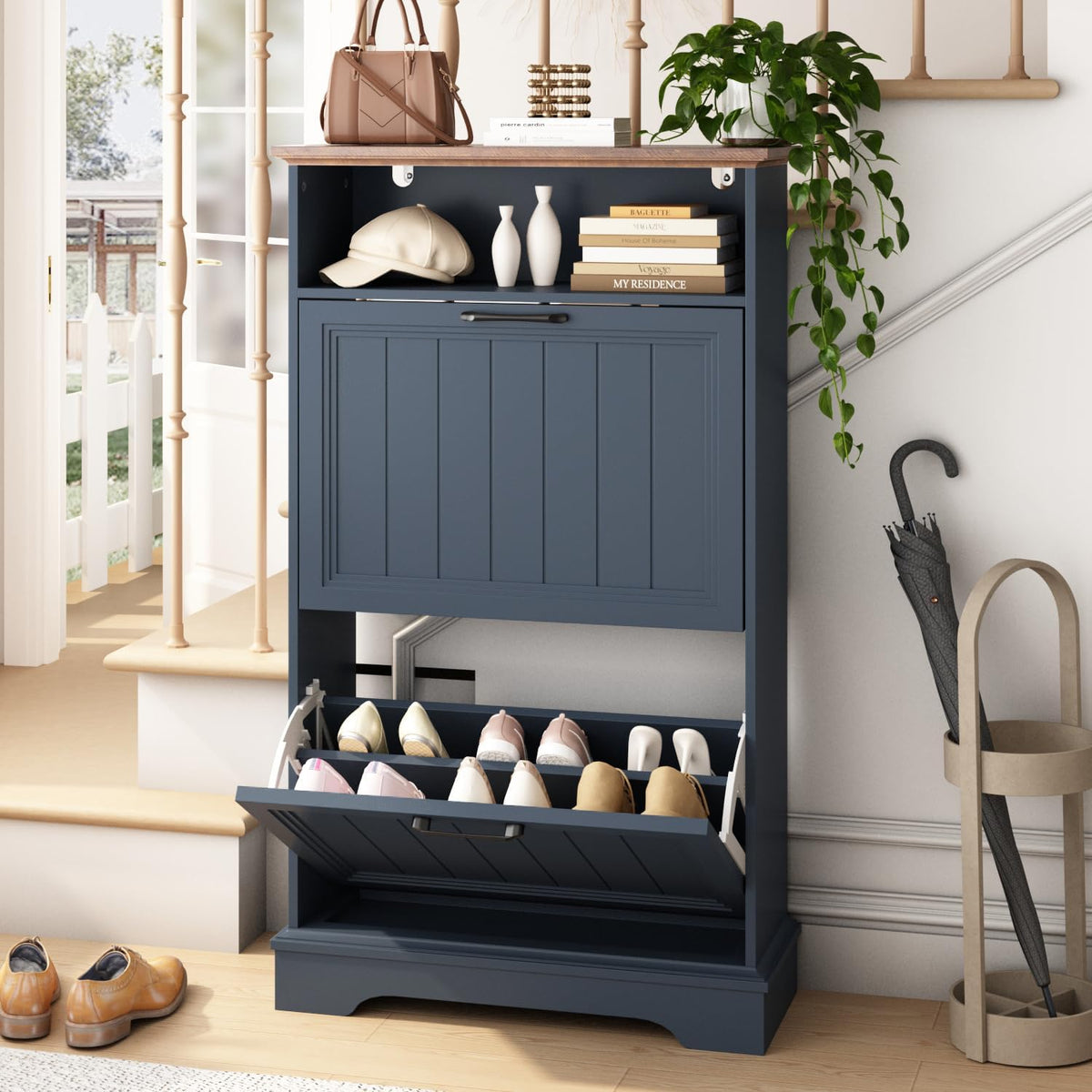 24" W Hidden Shoe Storage Cabinet with 2 Flip Drawers & Open Storage