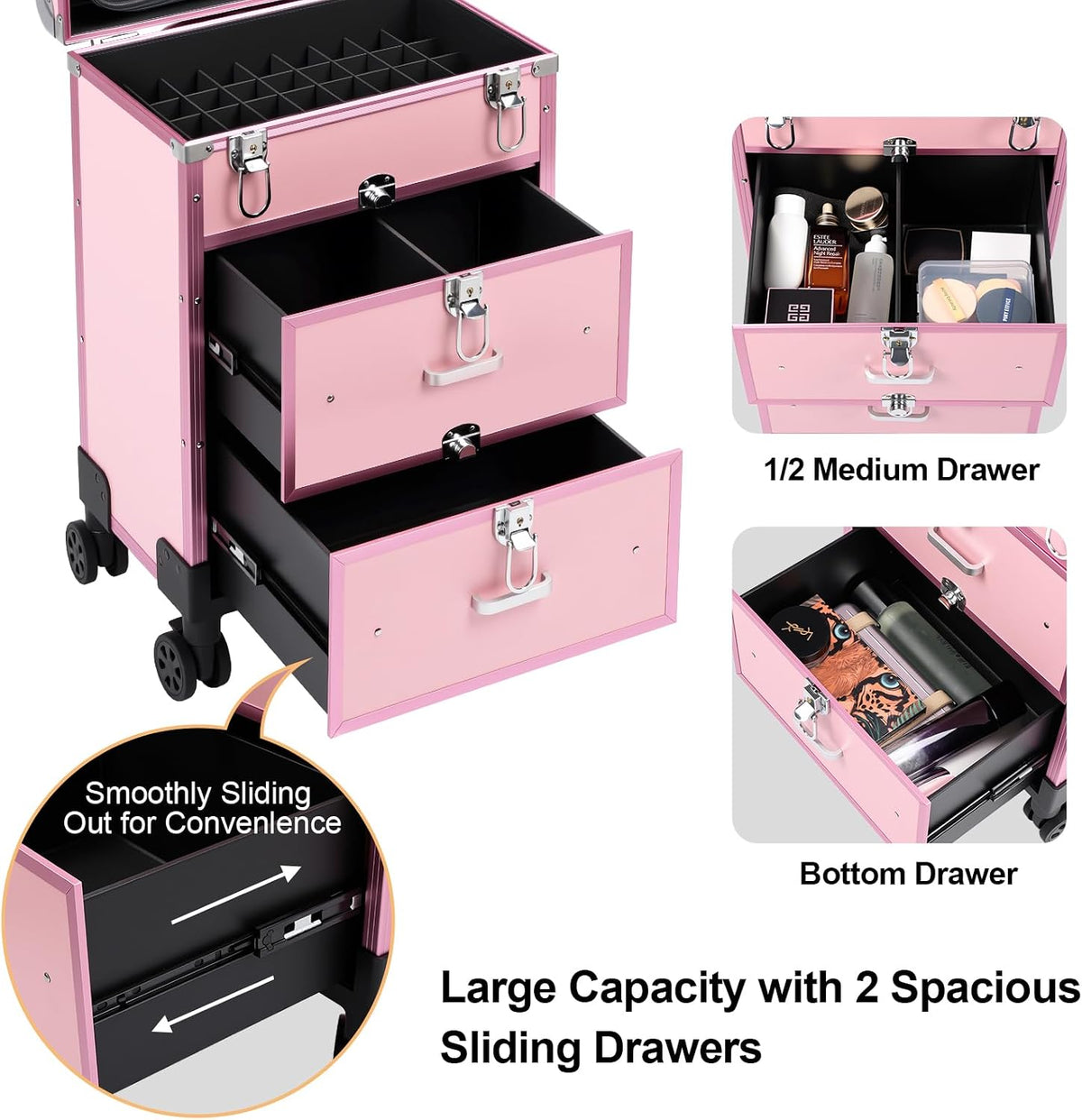 3 in 1 Rolling Makeup Case, Professional Cosmetology Case on Wheels, Detachab...