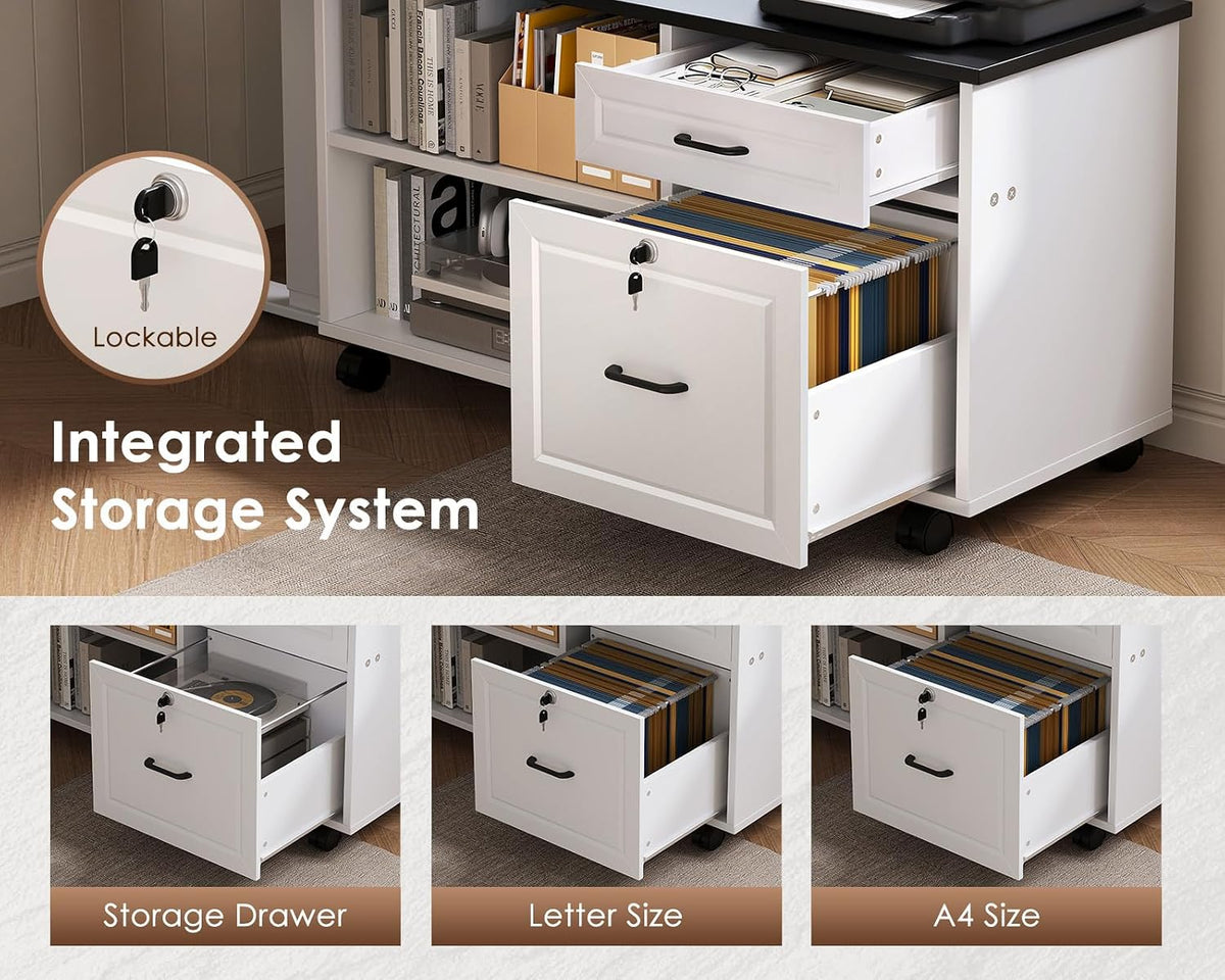 OffiGo 55" L Shaped Electric Standing Desk with Cabinet Sets, Black/White