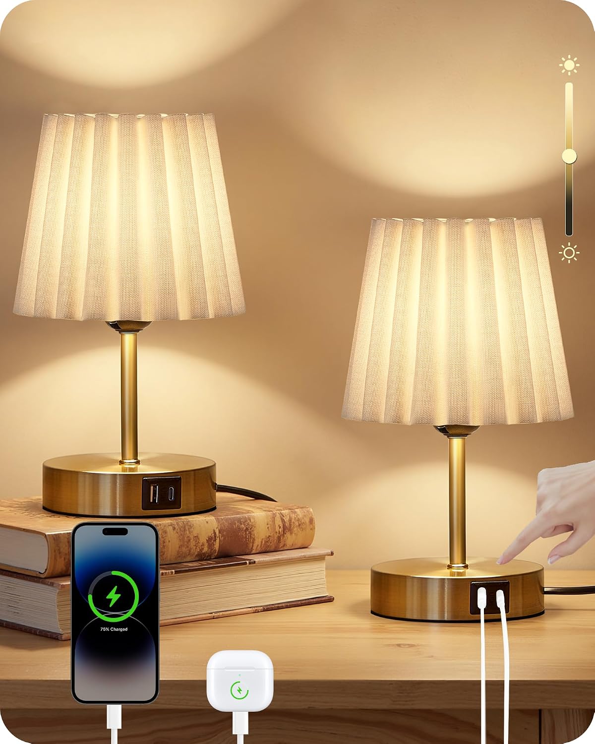 Small Bedside Table Lamps Set of 2, Touch Dimmable Table Lamps with USB Ports...