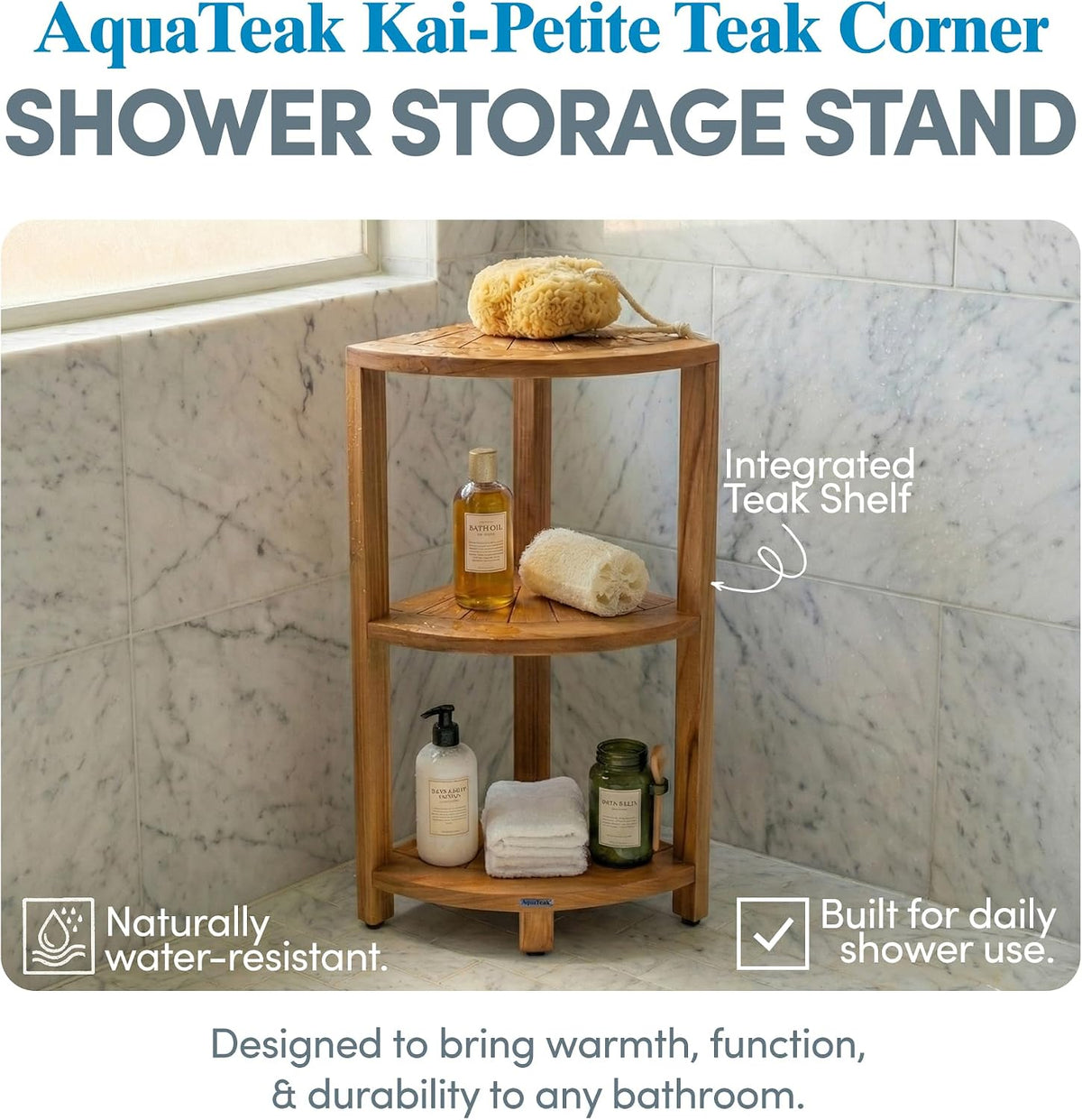 AquaTeak Kai-Petite 12" Teak Corner Shelf Stand, 3 Tier Shower Stand