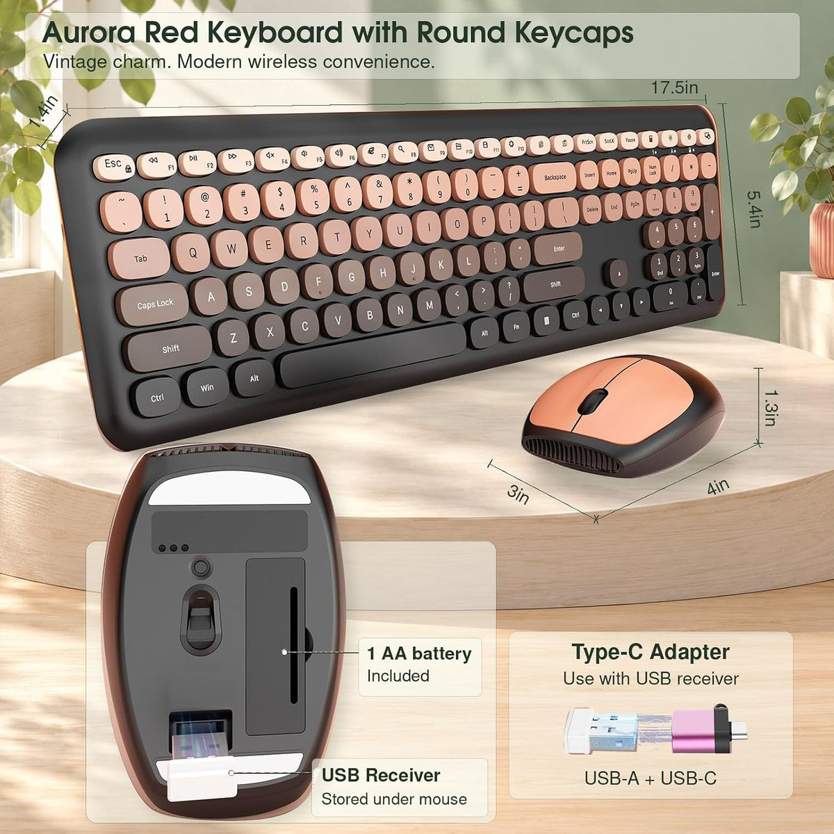 Wireless Keyboard and Mouse Combo, Colorful Ergonomic Full Size Retro Low-Noi...