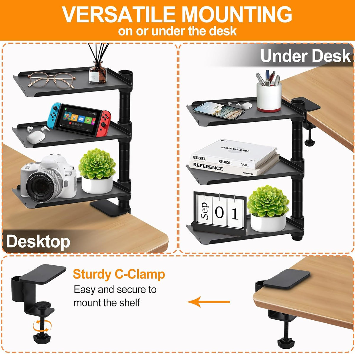 3 Tier Clamp On Desk Shelf,360° Rotatable Adjustable Above or Under Desktop O...