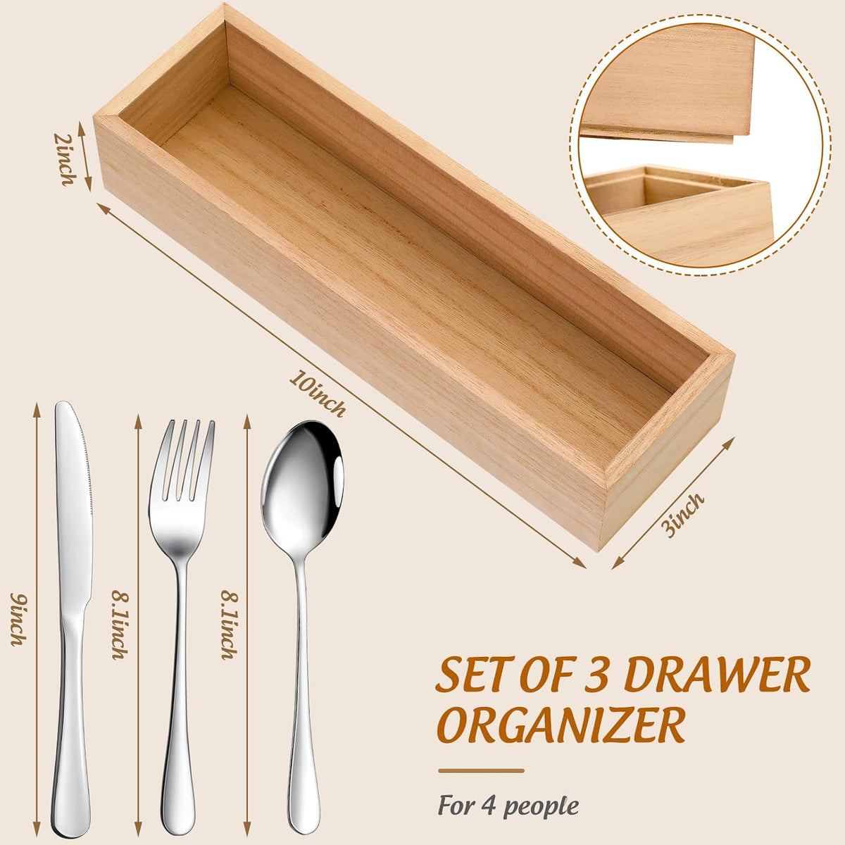 Baderke 3 Pcs Wooden Utensil Holder with Silverware Set Bamboo Storage Box