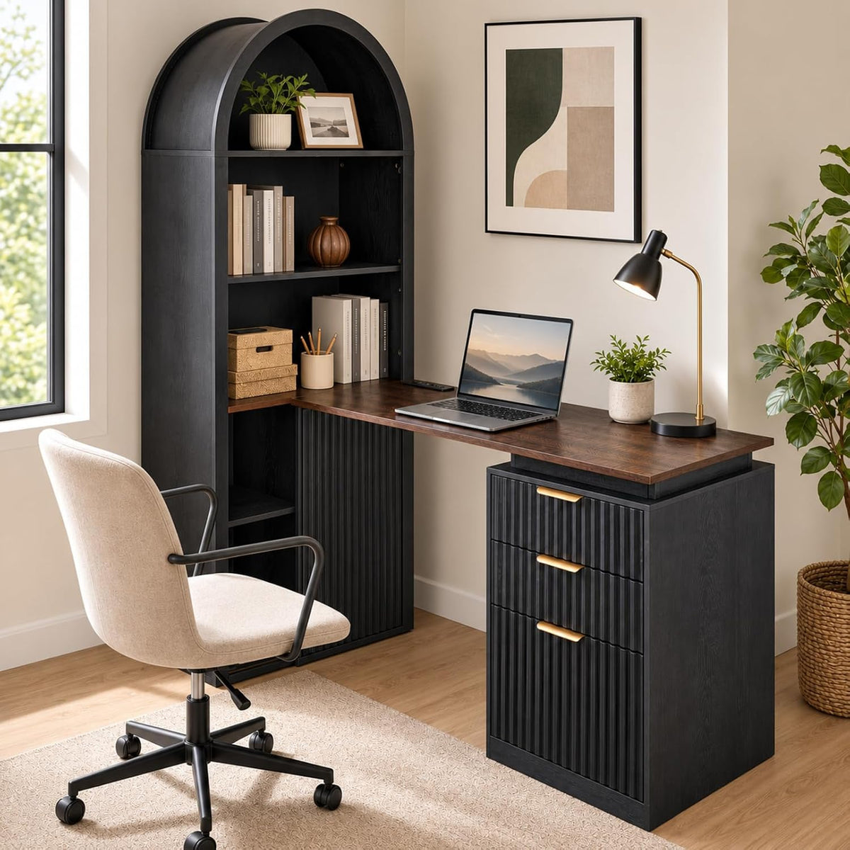 NORTHSKY 61" L Shaped Desk with Arched Bookshelf Hutch, Black Corner Com...