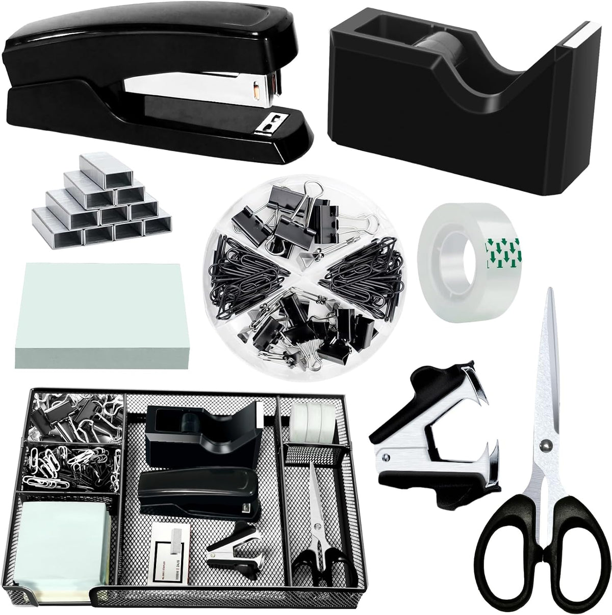 Black Desk Organizer Set, Office Supplies with Stapler and Tape Dispenser