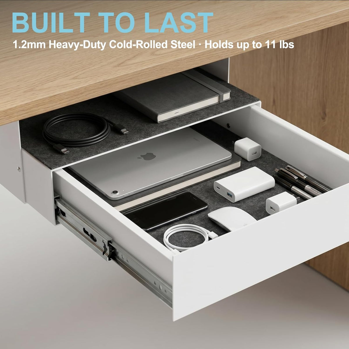 Under Desk Drawer with Lock, 13 Inch Slide-Out Metal Storage Drawer with Brac...