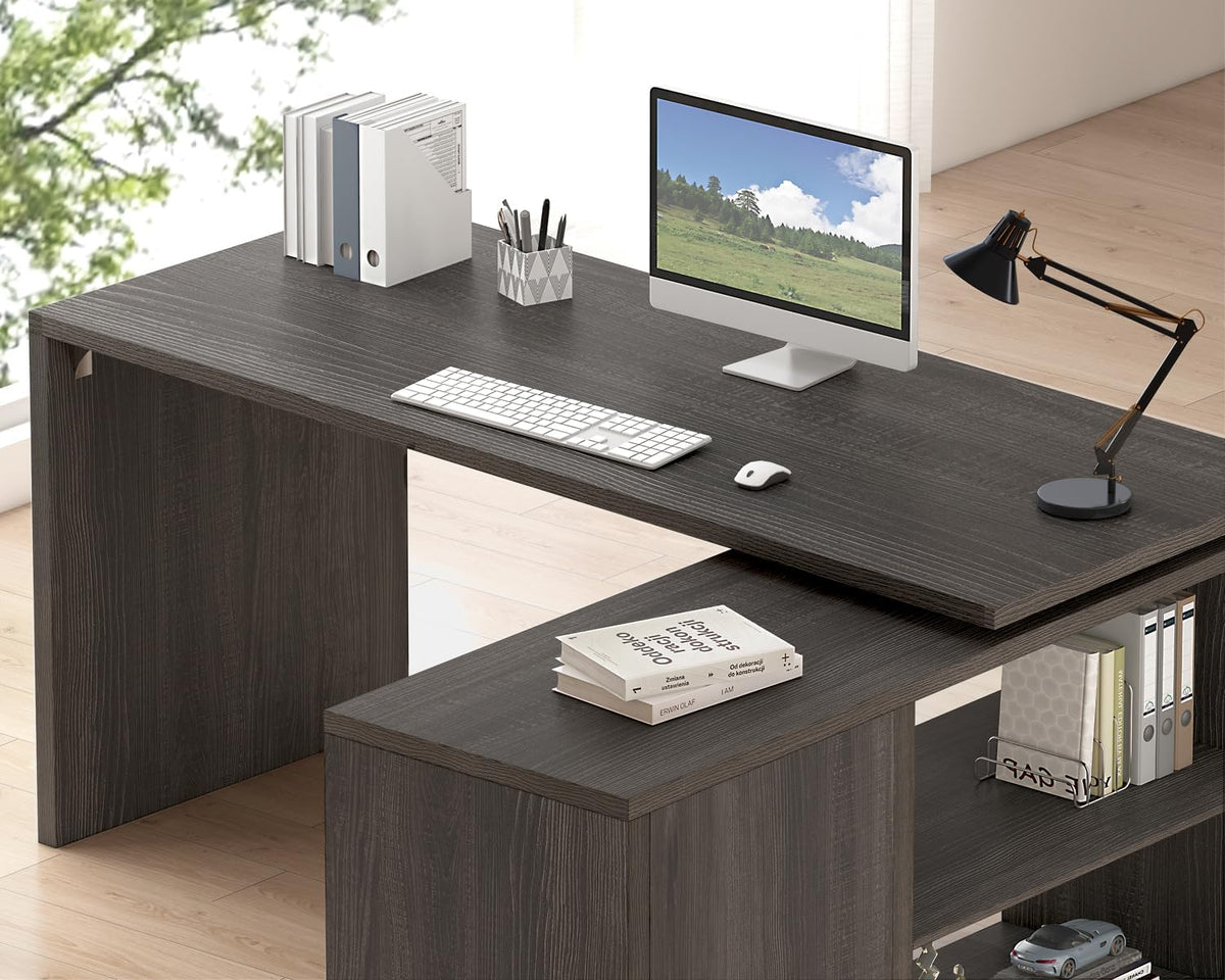 HSH L Shaped Computer Desk, Rustic Wood Corner Desk, Dark Gray Oak, 55 inch
