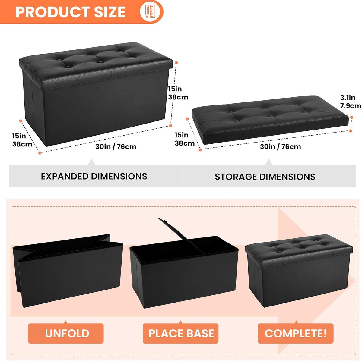 COSYLAND Ottoman Bench with Storage - 30x15x15in Folding Leather Ottoman, Rec...