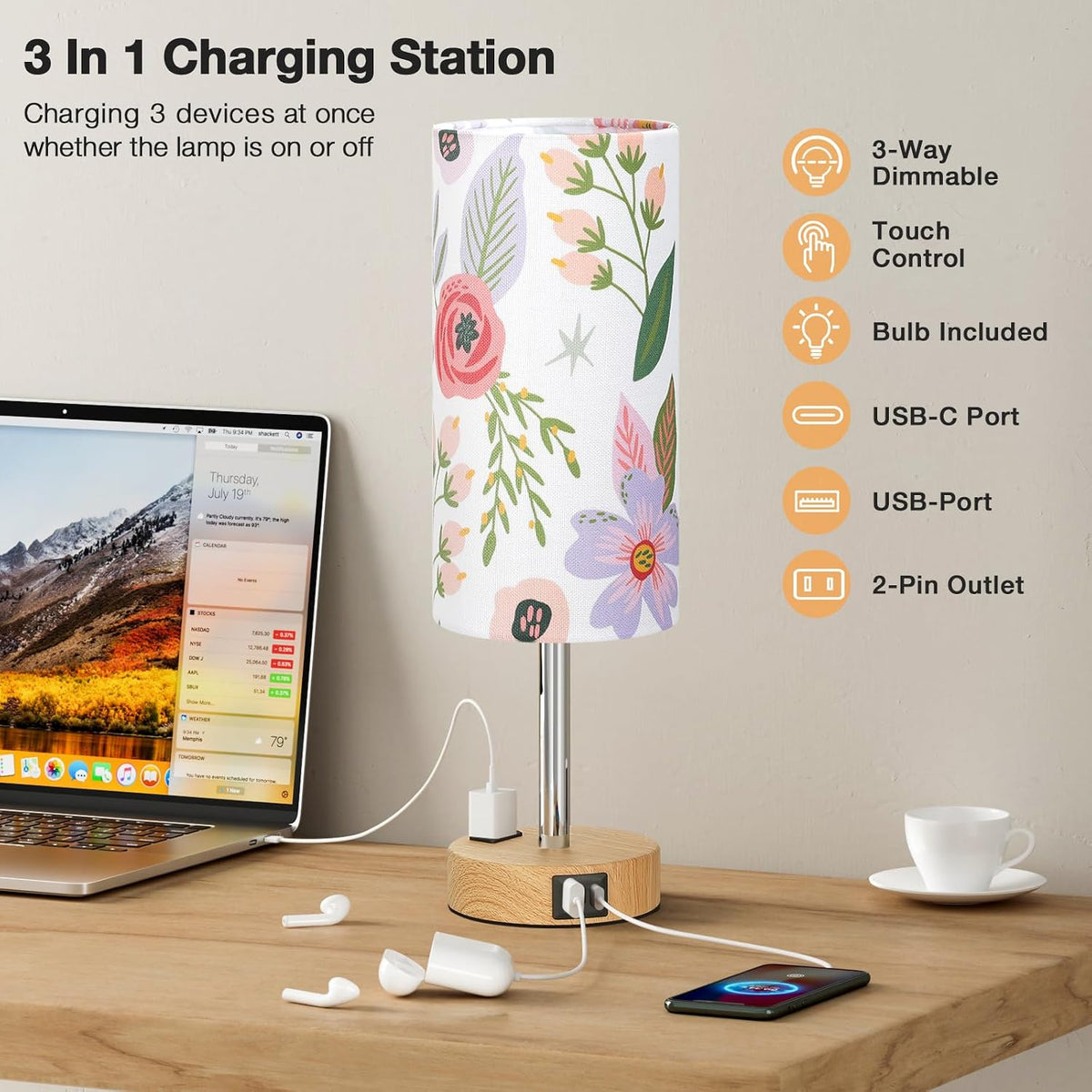 Fenmzee Floral Bedside Lamp for Bedroom, Dimmable Touch, USB A+C, AC Outlet