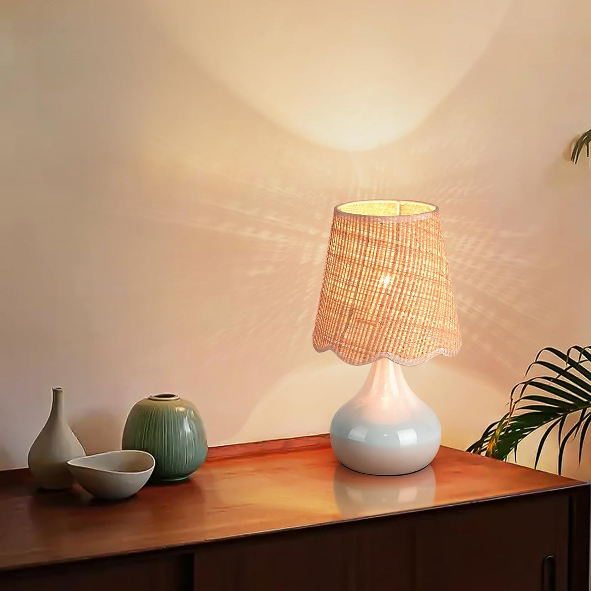 Light Blue Boho Small Table Lamp for Small Spaces, Small Rattan Shade Bedside...