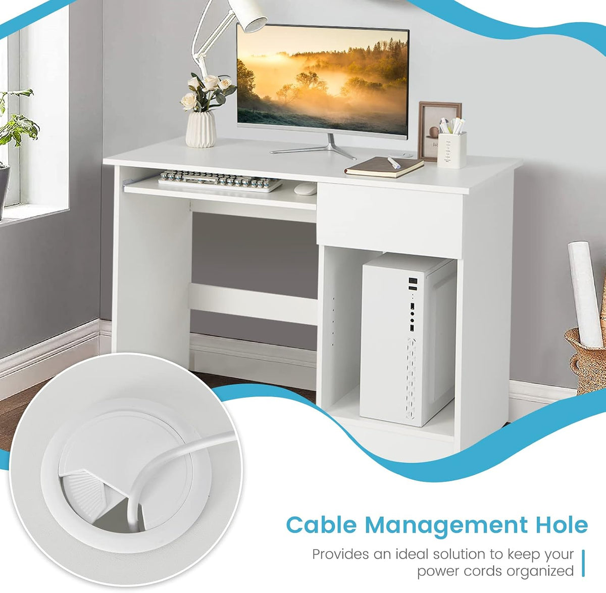 COSTWAY Computer Desk with Keyboard Tray, Large Drawer, Home Office Desk with...