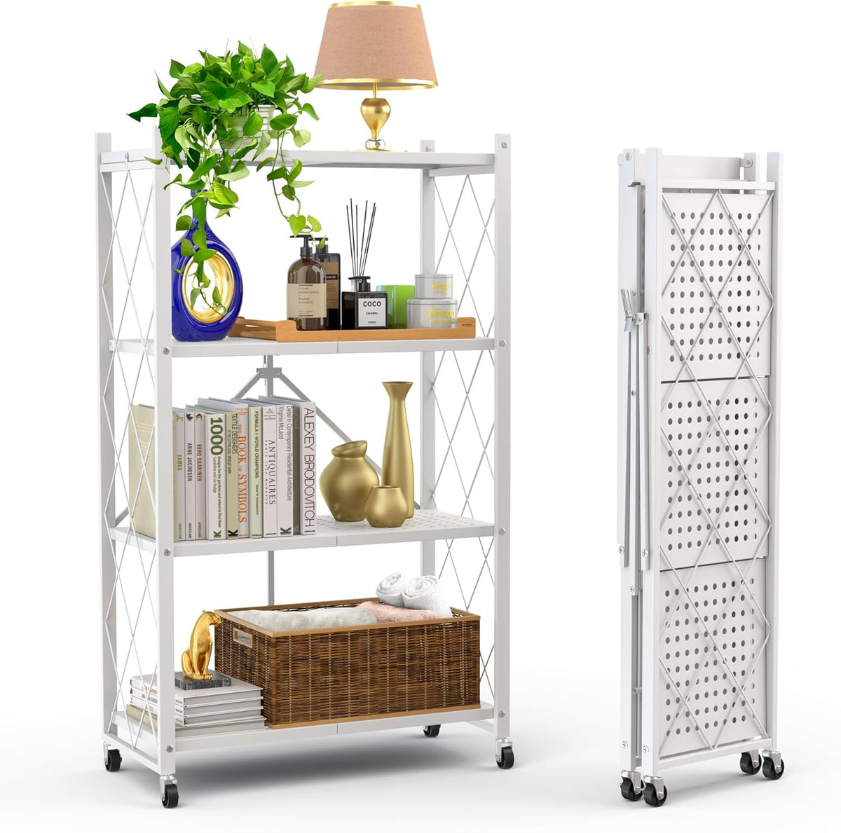 Our Modern Space 4-Tier Foldable Storage Shelf with Wheels | Metal Rack Colla...