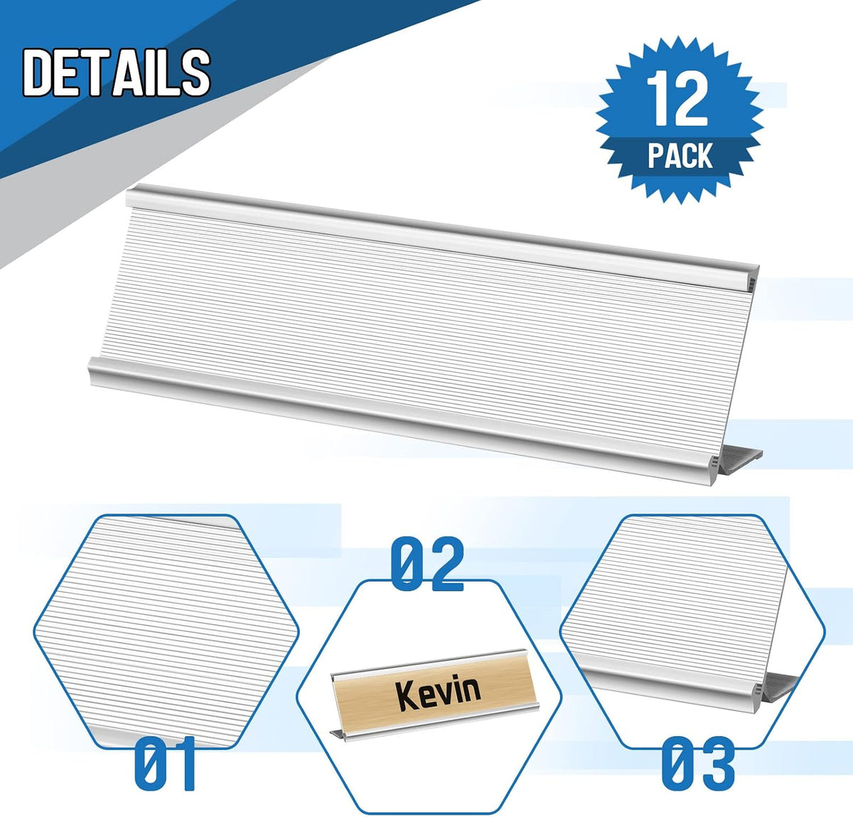 LEIFIDE 12 Pack 2x8 in Aluminum Name Plate Holder for Desk Office, Silver