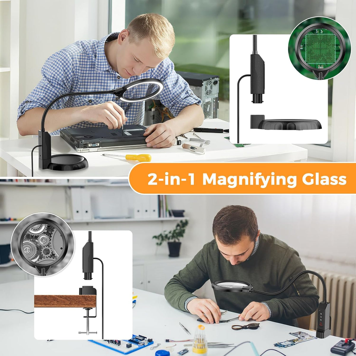 15X Magnifying Glass with Light and Stand, 5-Color & 10 Lightness Level