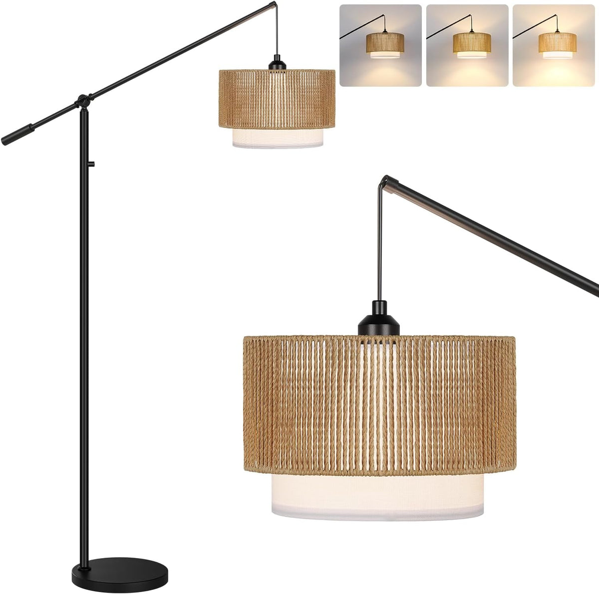 【Upgraded】Boho Dimmable Floor Lamps with Adjustable Swing Arm, 1100 Lumens Bu...