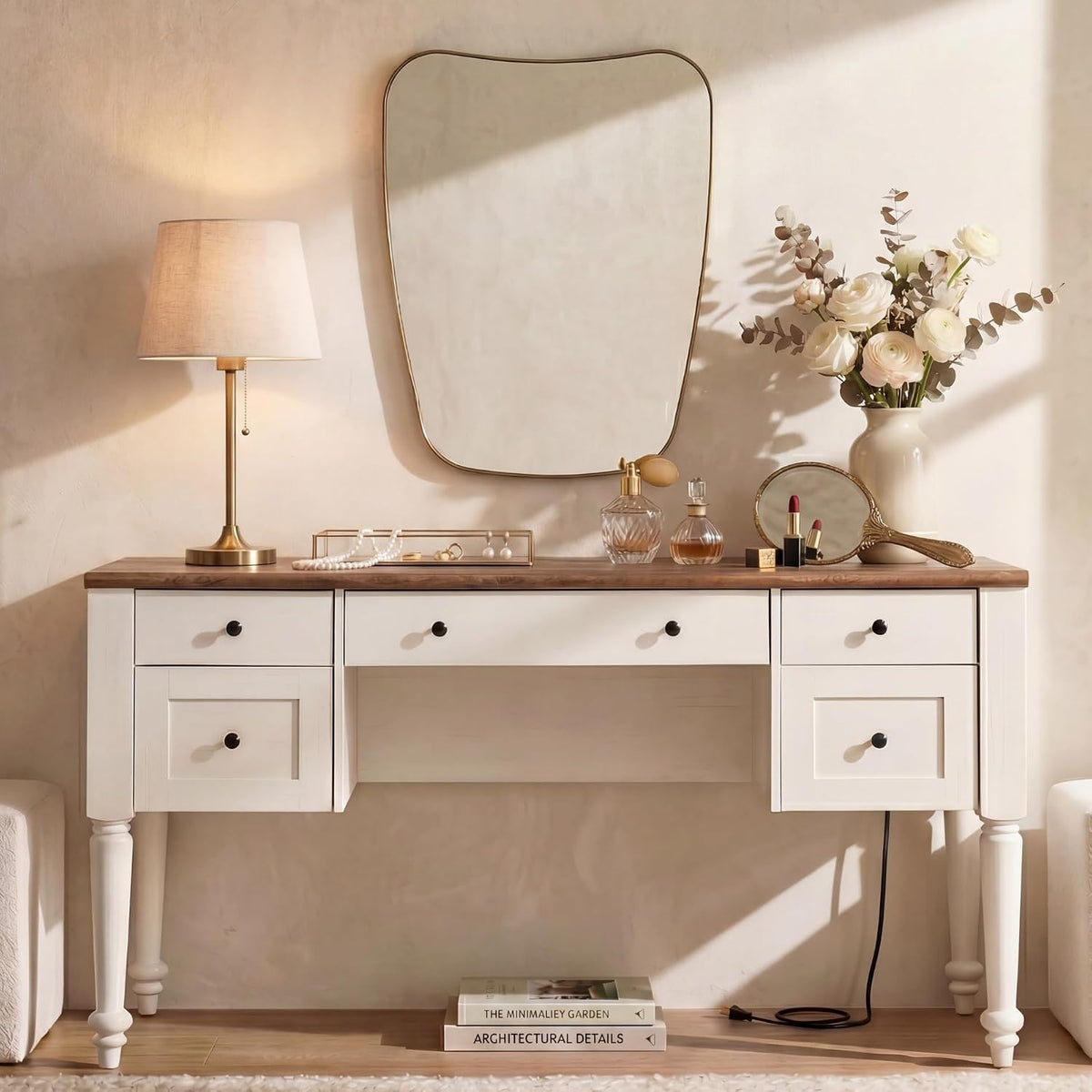 WAMPAT Farmhouse Vanity Desk with 5 Drawers, Off White Makeup Vanity Table
