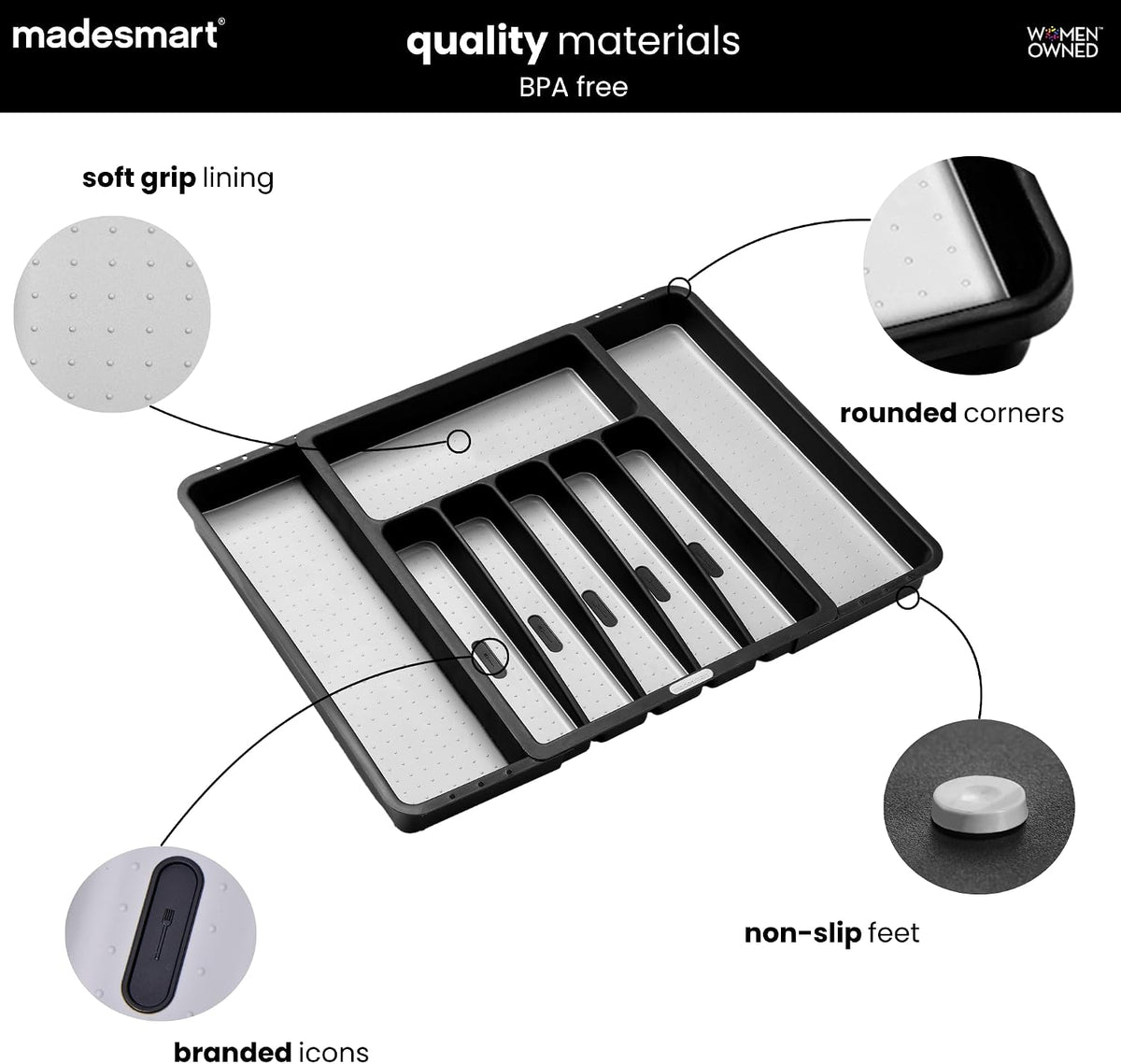 madesmart Classic Expandable Silverware Tray with Soft Grip, Carbon