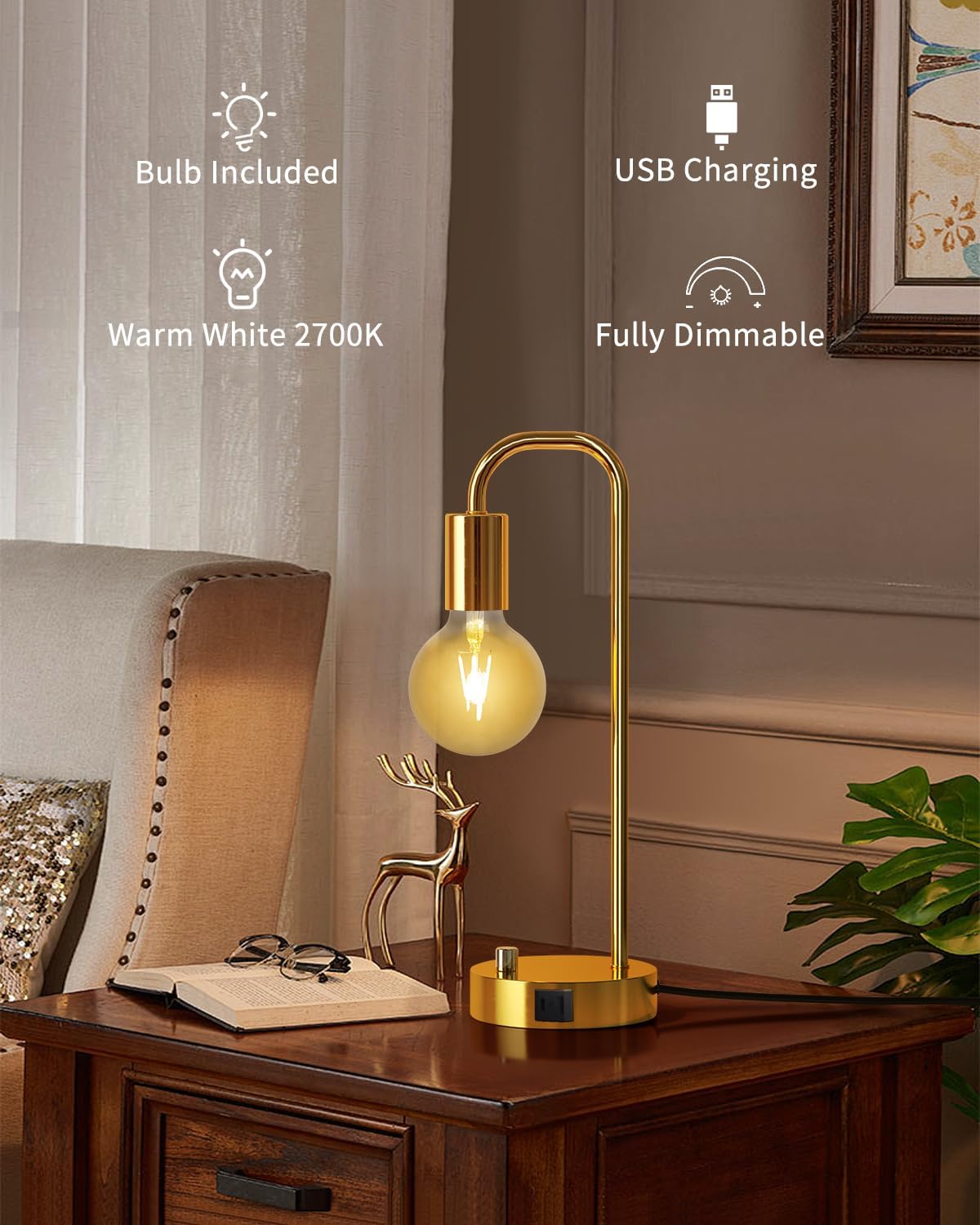 ONEWISH Industrial Table Lamp with 2 USB Port, Stepless Dimmable Nightstand B...