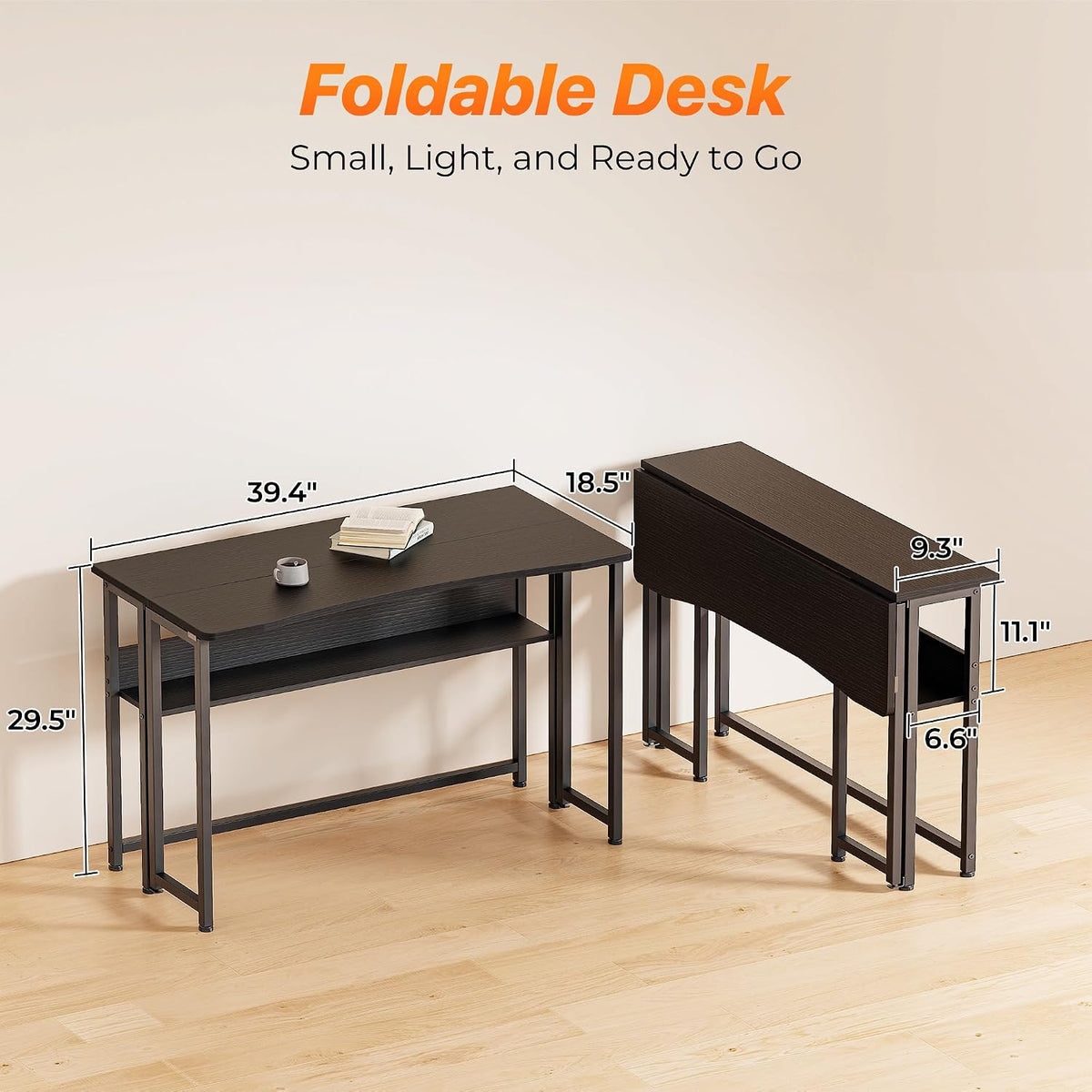 Huuger Folding Desk with Storage Shelf, 39.3 Inch Foldable Computer Table