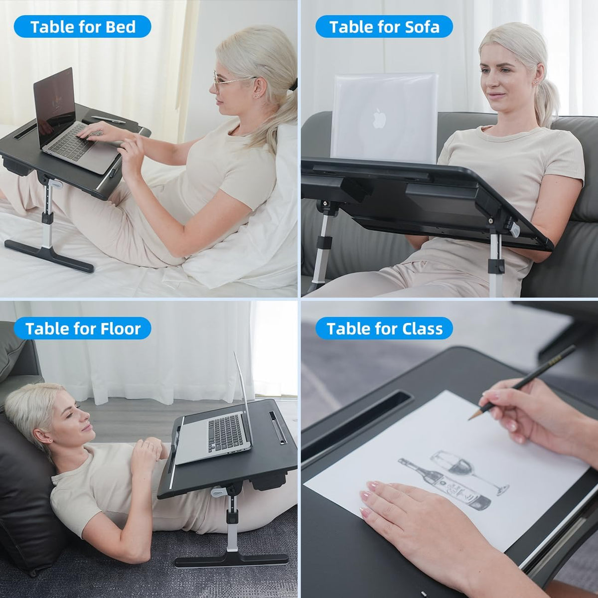Bed Desk for Laptop, Adjustable Lap Desk with 2 Storage Drawers, Premium PVC ...
