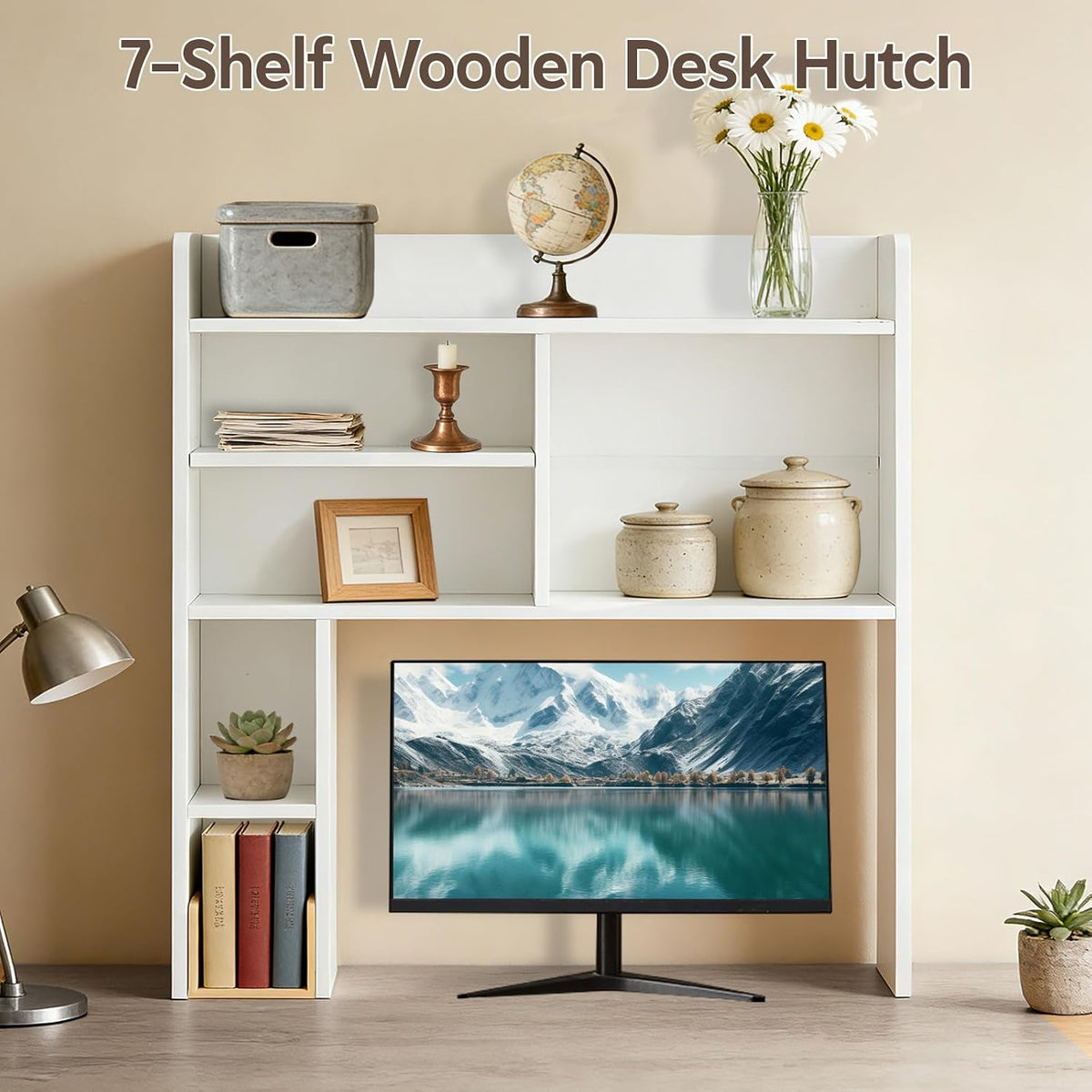 OFCASA Desktop Bookshelf, Countertop Storage Hutch with 7 Shelves for Compute...