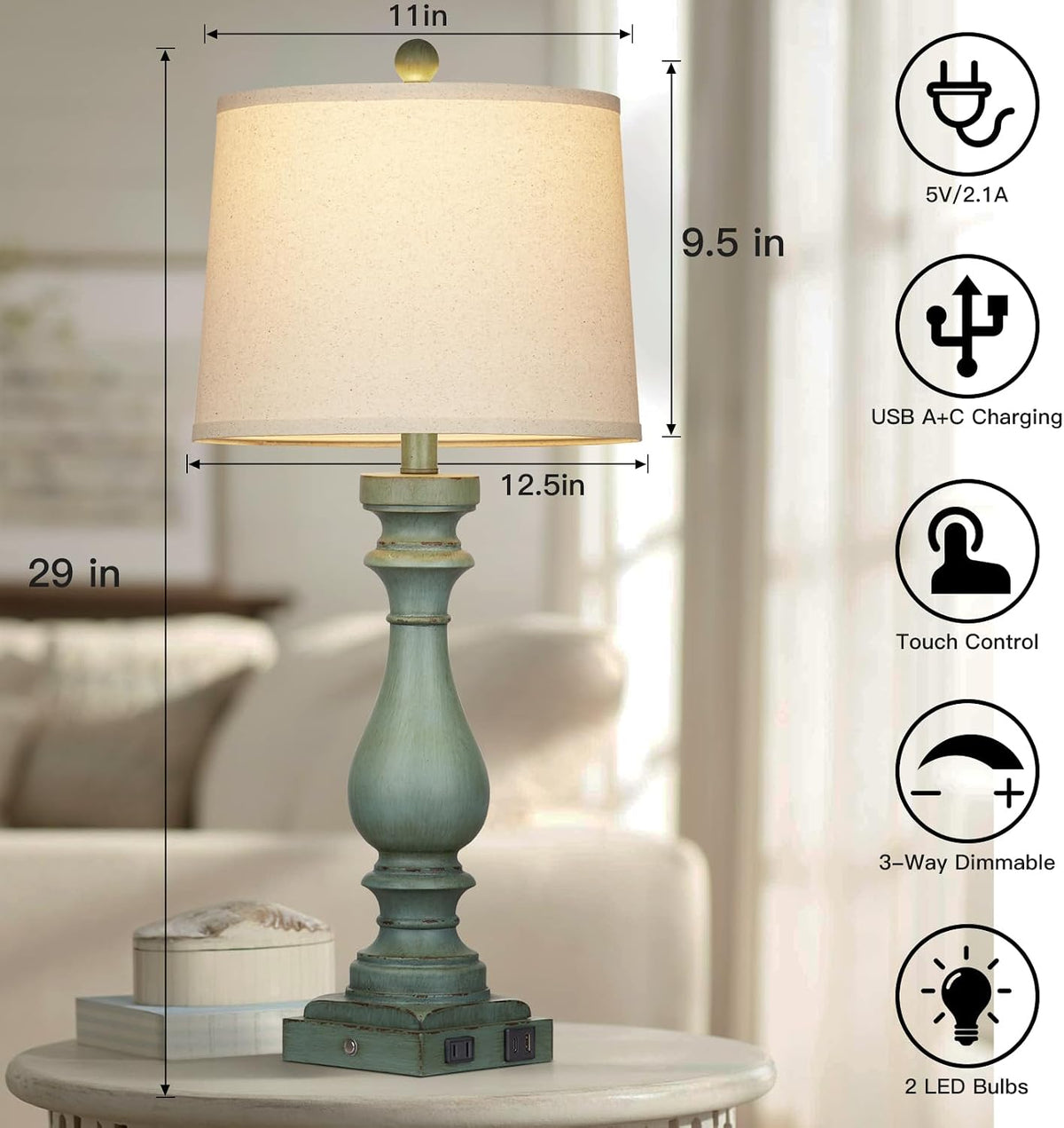 Cinkeda 29" Tall Table Lamp for Living Room Set of 2,Vintage Bedside Nig...
