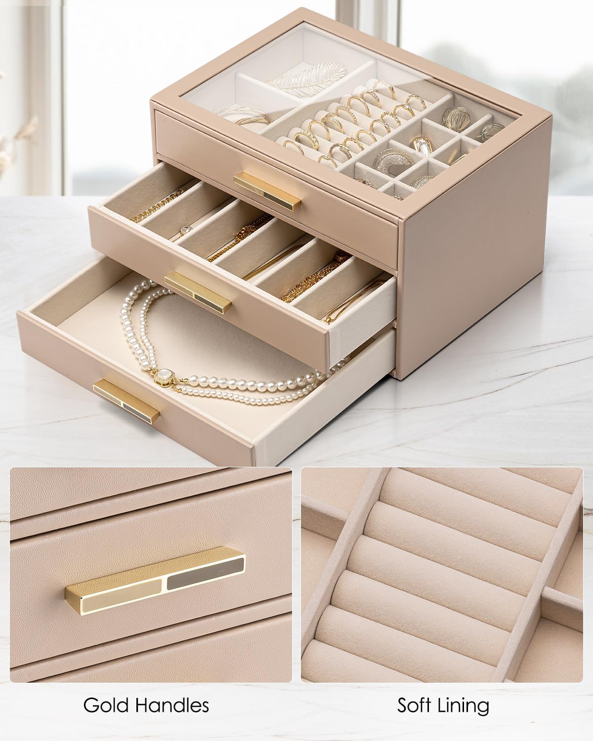 VLANDO Jewelry Box Organizer, 7-Layer Storage Drawers, Glass Window, Modern