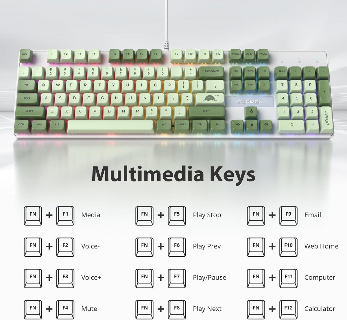 Fogruaden Mechanical Keyboard, Green Matcha, Wired USB 104 Key RGB Backlit Ga...