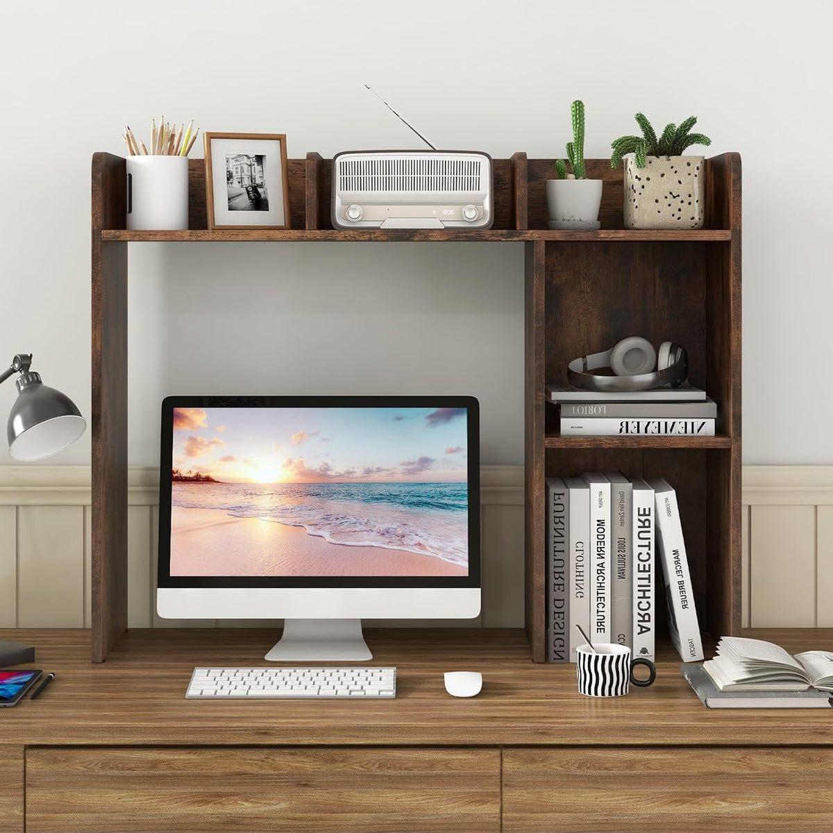 LDAILY Desktop Shelf, Multipurpose Wood Desk Hutch for Max 27" Computer ...
