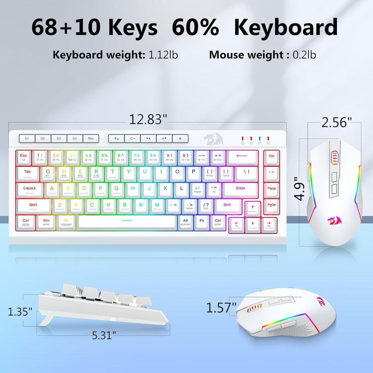 Redragon Wireless Gaming Keyboard and Mouse Combo 60% Portable, White