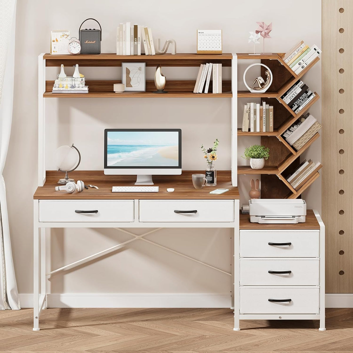 YOMILUVE 52" Computer Desk with Bookshelf, 5 Drawers & Hutch for Bedroom