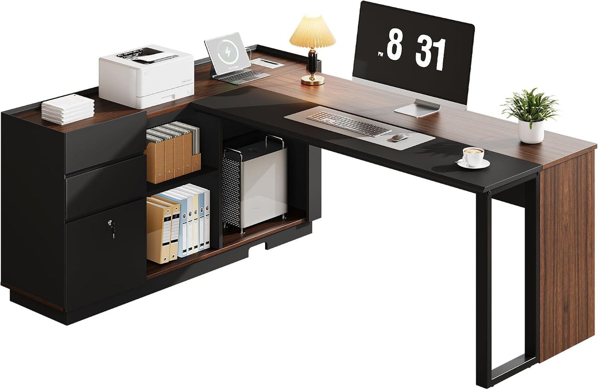 70" Executive Desk with Cabinet Storage, L-Shaped Office Desk with 3 Dra...