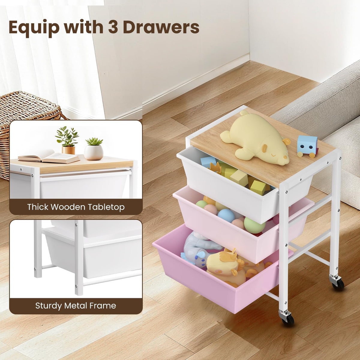 Rolling Cart with 3 Drawers, Plastic Drawer Storage Carts with Lockable Wheel...