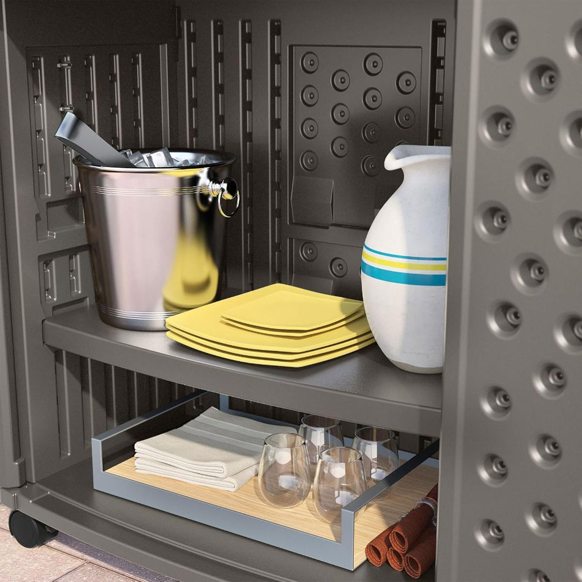 Suncast Patio Plastic Storage and Prep Station with Decorative Wicker Pattern...