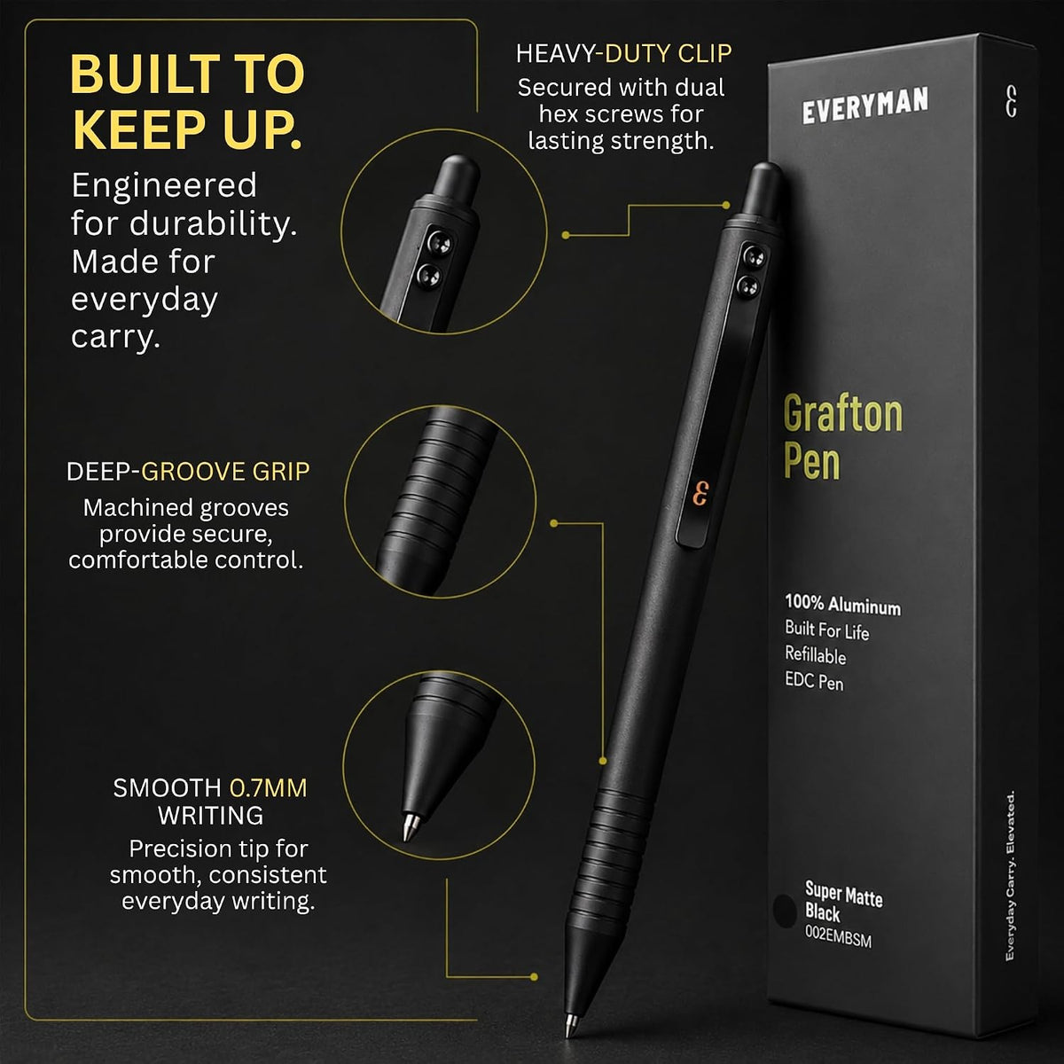 EDC Grafton Black Super Matte Full Click Refillable 0.7mm Gel Ink Pen