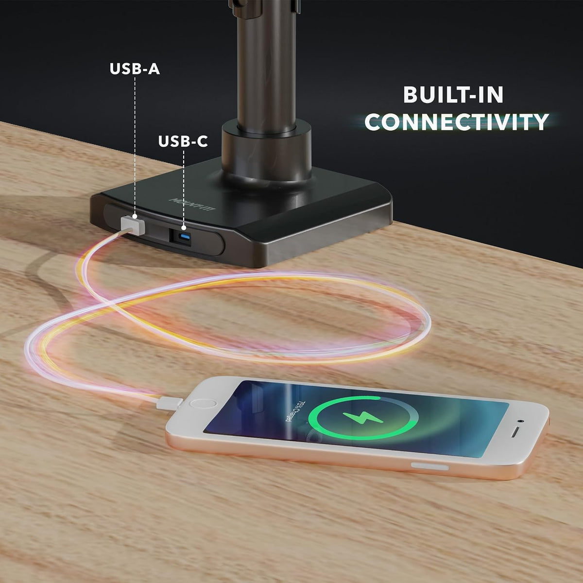 Mount-It! Triple Monitor Desk Stand, USB-A & C, Black