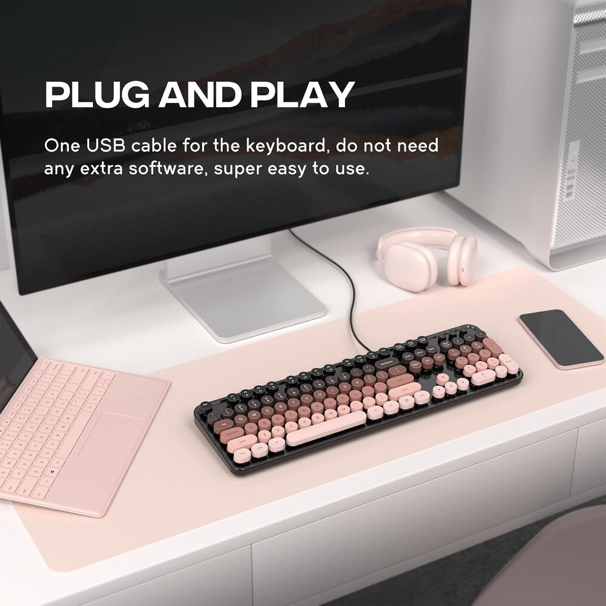 Dilter Wired Computer Keyboard, Full-Size USB Keyboard with Round Keycaps &am...