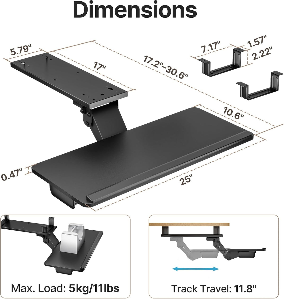 PEGZONE Keyboard Tray Under Desk Slide Out, 25 x 11 inch, Black